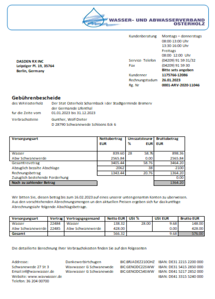Wavwasser utility business bill SCR PSD template